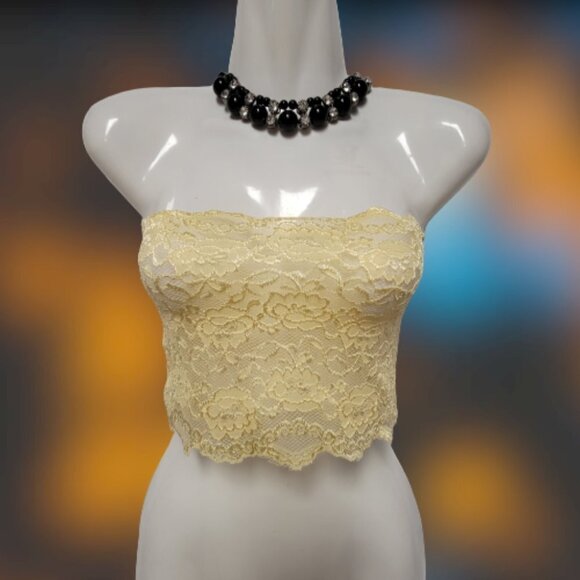 Beige See Through Elastic Lace Bandeau Strapless Lace Tube Top Lace Crop Top - Picture 3 of 7